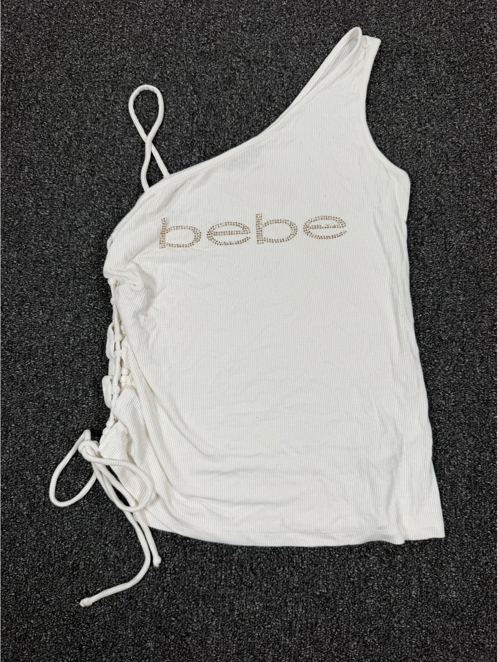 Vintage Y2K bebe White One-Shoulder Top with Side Tie Detail and Rhinestone Logo